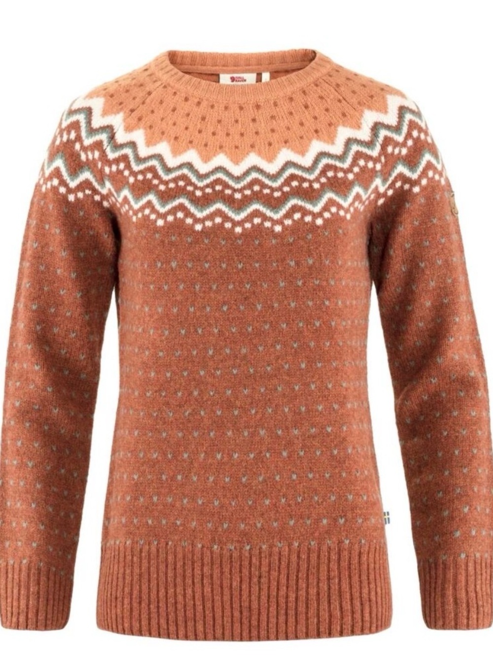 Fjällräven Ovik Fair Isle Knit Wool Sweater, Orange, Elbow Patches, XL